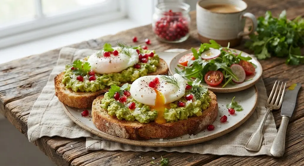 Avocado and Pomegranate Sourdough Toast with Poached Eggs
