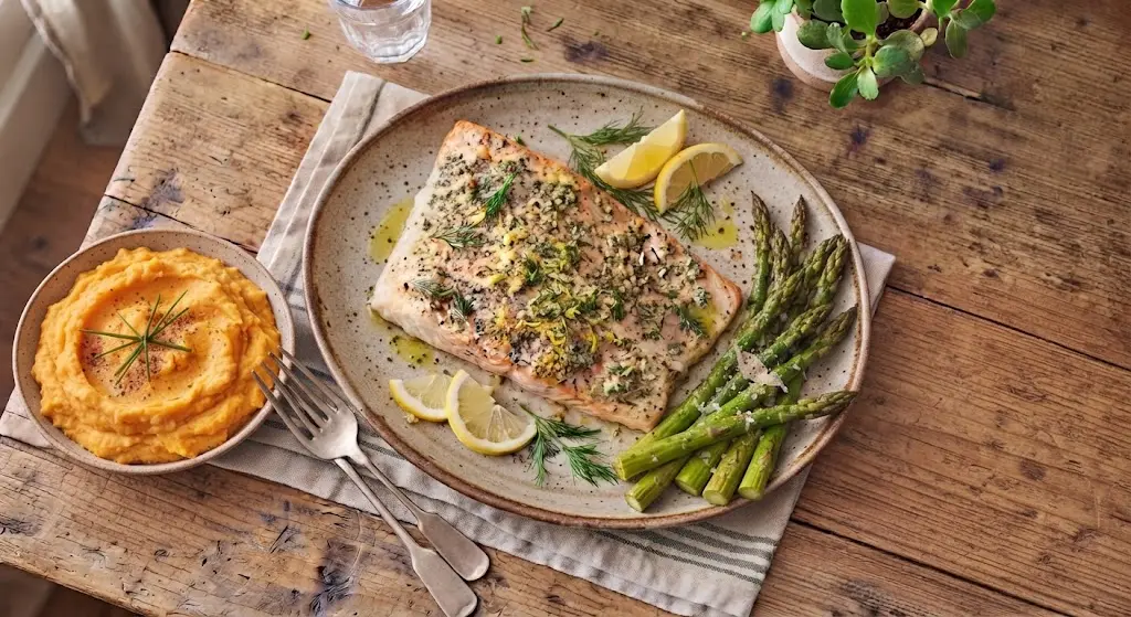 Baked Cod with Sweet Potato Mash & Asparagus