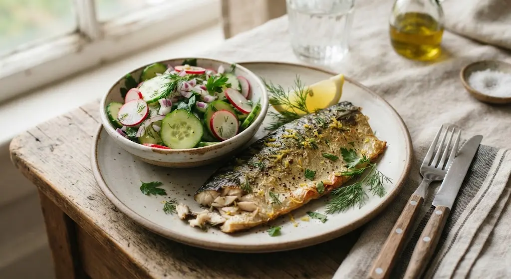 Baked Mackerel with Cucumber & Radish Salad in Apple Cider Vinegar (Vinegar supports insulin sensitivity)