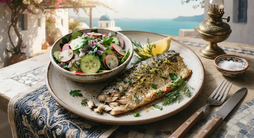 Baked Mackerel Fillets with Cucumber & Radish Salad in Apple Cider Vinegar (Synergistic vinegar effect on insulin)