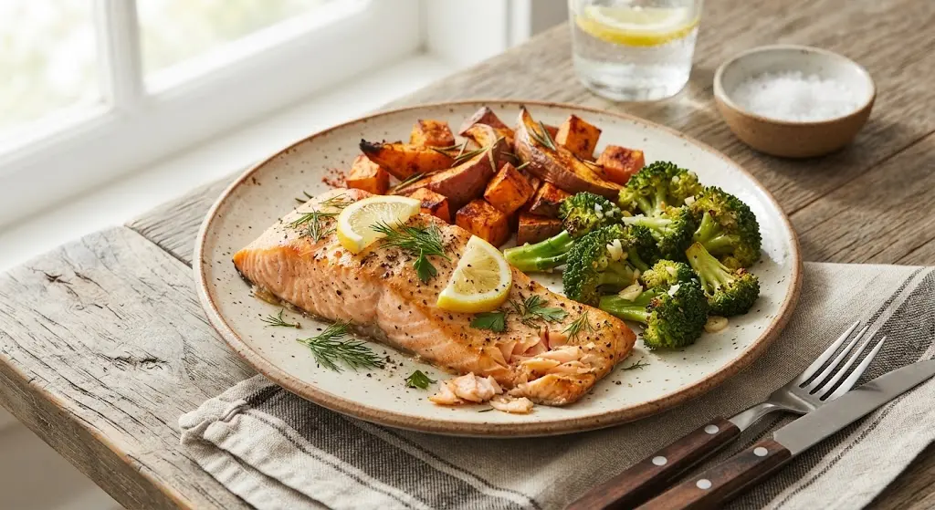 Baked Salmon with Roasted Sweet Potatoes & Broccoli (Essential omega-3s for baby's brain and mom)