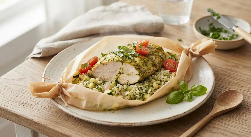 Basil-Infused Turkey Breast Papillote with Peeled Zucchini & Jasmine Rice (Very gentle on the gut)