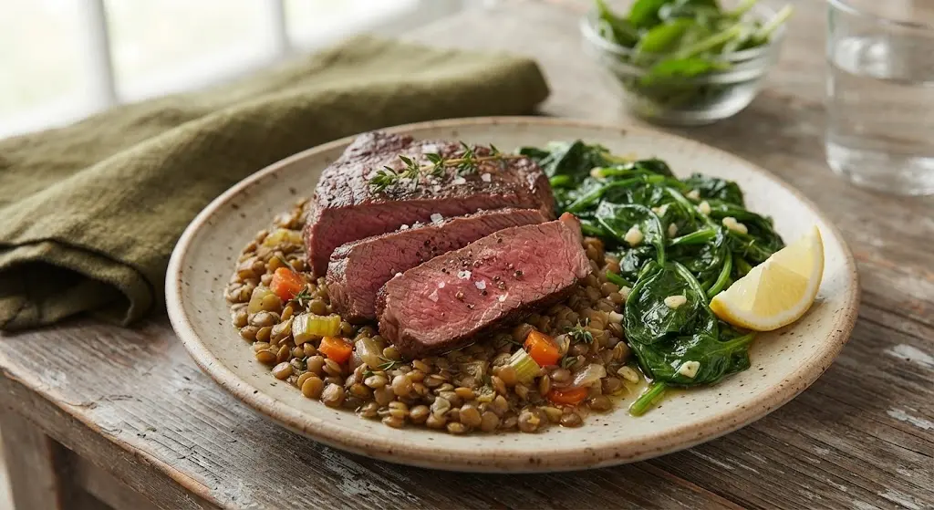 Well-Done Beef Steak (or Lentils) with Spinach & Lemon Juice (Maximizes iron absorption)