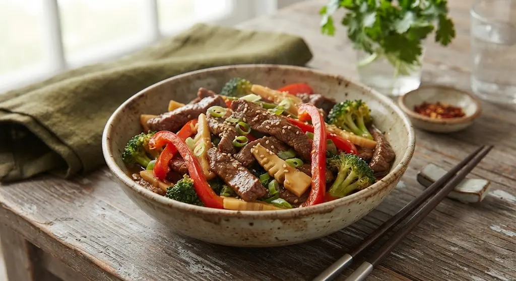 Sliced Beef Stir-Fry with Cooked Red Bell Peppers & Bamboo Shoots (Low-polyol vegetables)