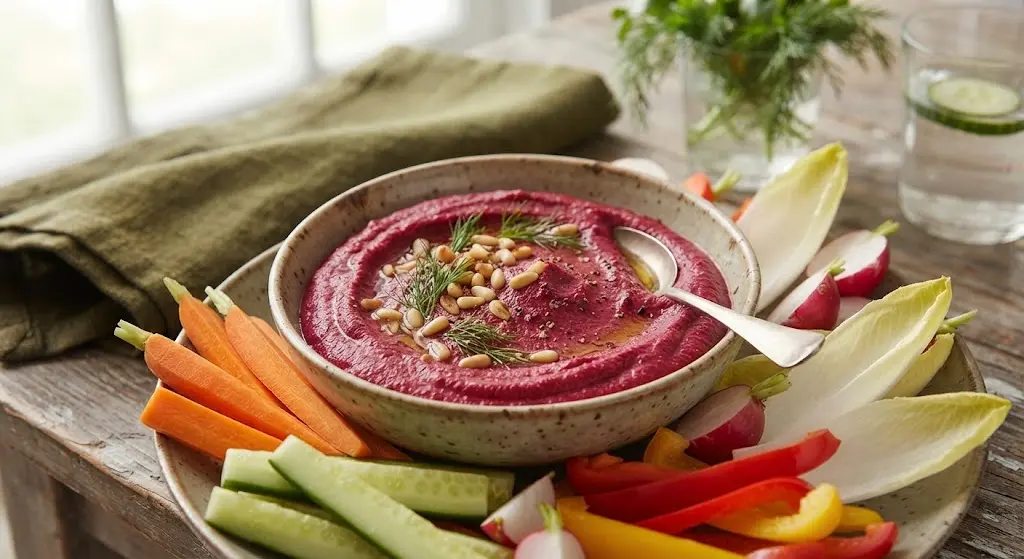 Roasted Beetroot Hummus with Rainbow Crudités