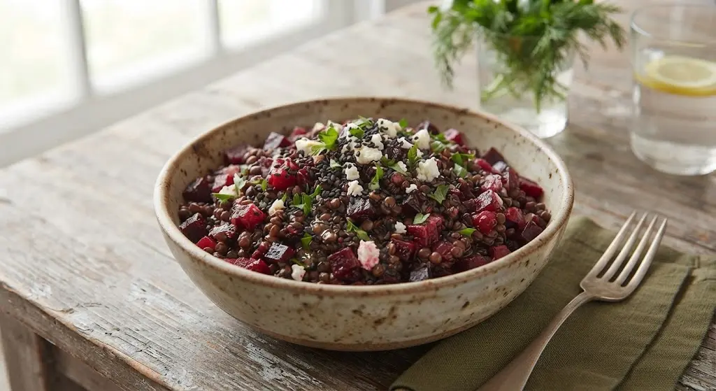 Warm Beluga Lentil & Beetroot Salad with Black Sesame Dressing (Iron for Stamina)