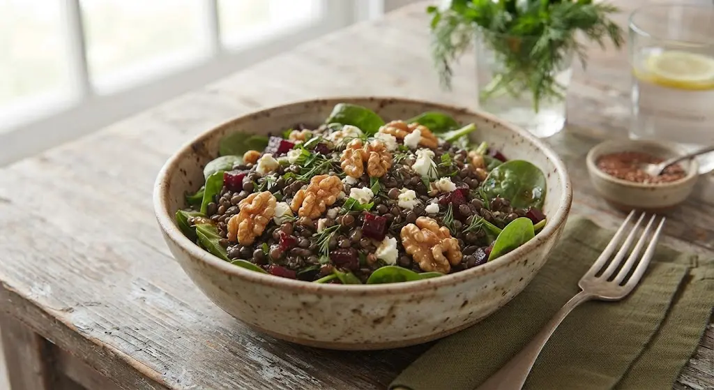 Warm Beluga Lentil, Walnut & Feta Salad with Flaxseed Dressing (Fiber and polyphenols)