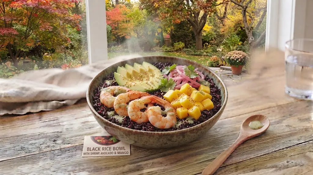 Forbidden Rice (Black Rice) Bowl with Avocado, Shrimp & Mango (Powerful black rice antioxidants)