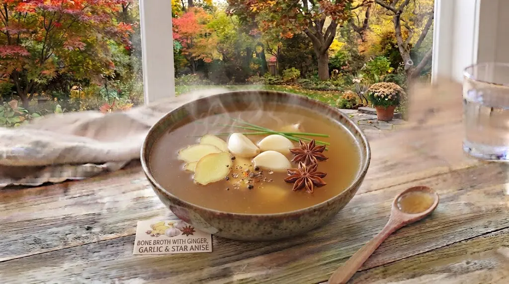 Bone Broth Infused with Fresh Ginger, Garlic, and Star Anise