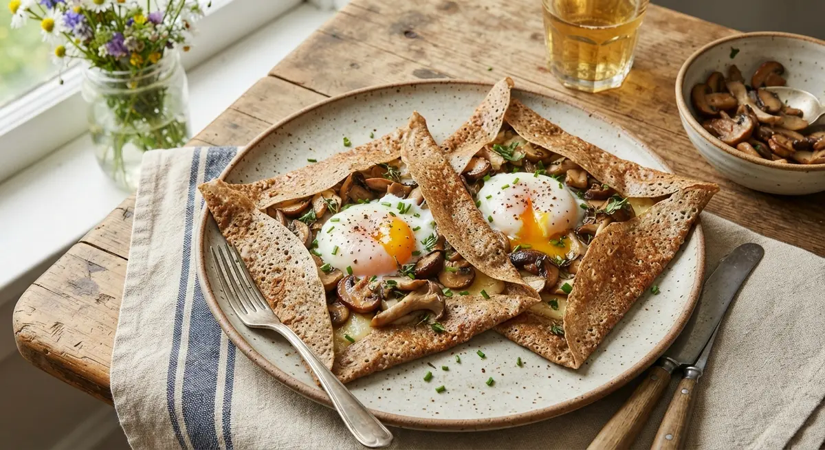 Buckwheat Galettes Topped with a Soft-Cooked Egg & Mushrooms (Low GI, magnesium)