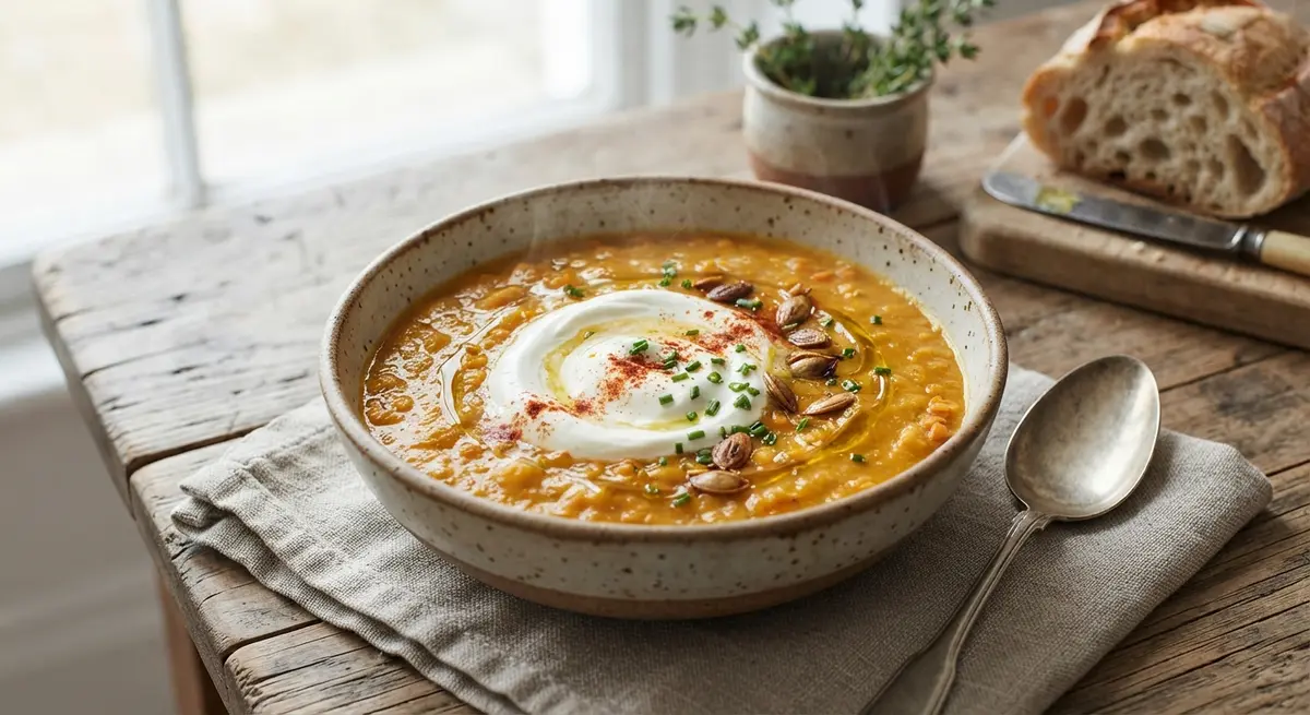 Butternut Squash & Red Lentil Soup with a Spoonful of Crème Fraîche (Smooth comfort and dense nutrients)