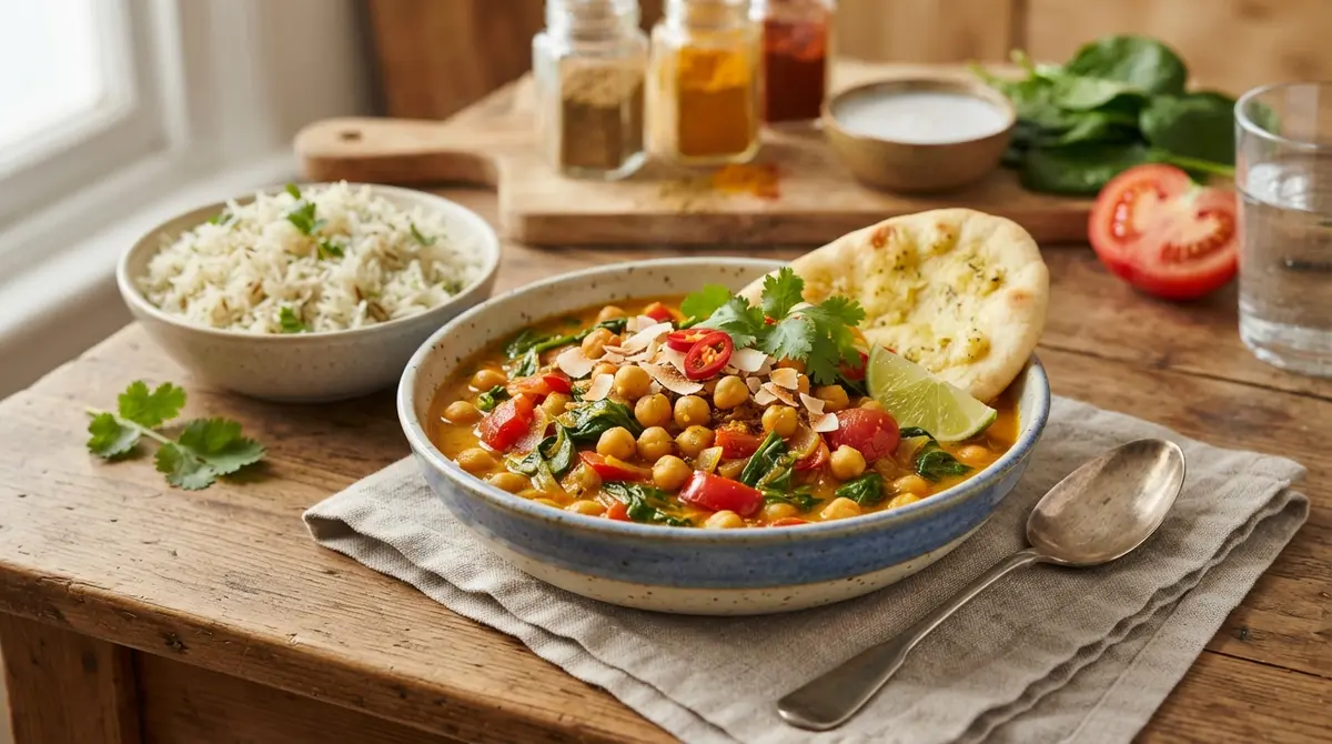 Chickpea, Spinach & Tomato Curry with Light Coconut Milk (Protective plant proteins)