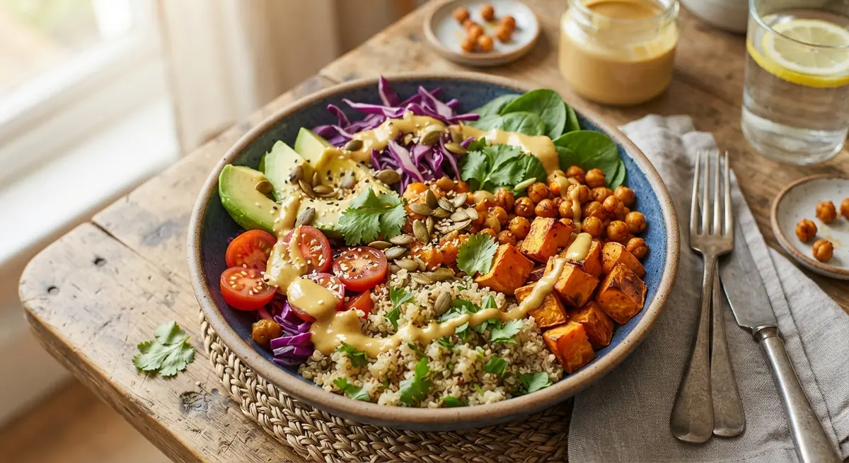 Roasted Chickpea, Sweet Potato & Red Cabbage Buddha Bowl with Tahini Sauce (Sesame is rich in calcium)