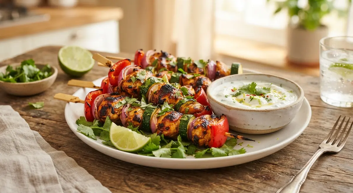 Cilantro and Lime Grilled Chicken Skewers with Garlic Yogurt Dip