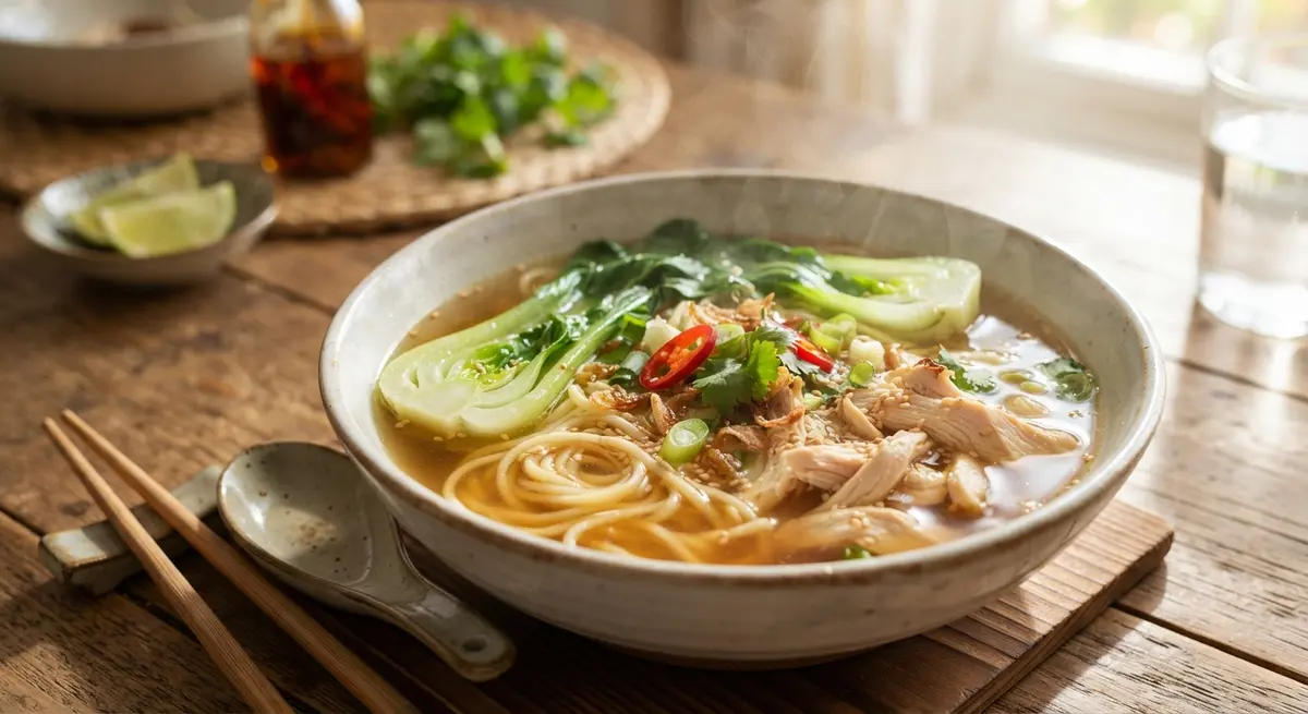 Clear Broth Noodle Soup with Shredded Chicken & Tender Bok Choy (Hydration and nutrients)