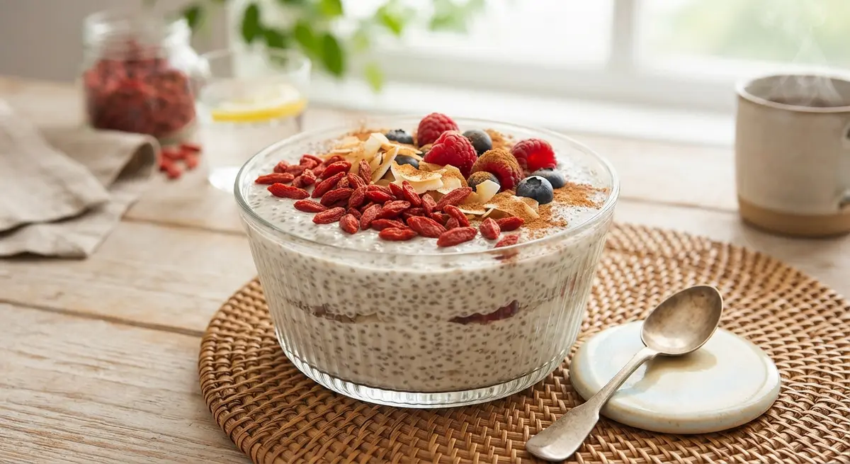 Coconut Milk Chia Pudding with Cinnamon & Goji Berries (Morning blood sugar stabilization)