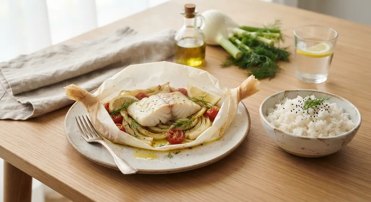 Cod Fillet Papillote with Braised Fennel & Jasmine Rice (Easy postpartum digestion)