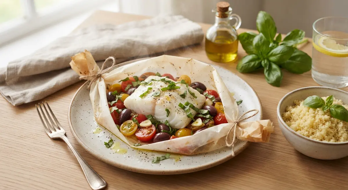 Cod Papillote with Tomatoes, Moderate Black Olives & Basil (Light cooking without excess fat)