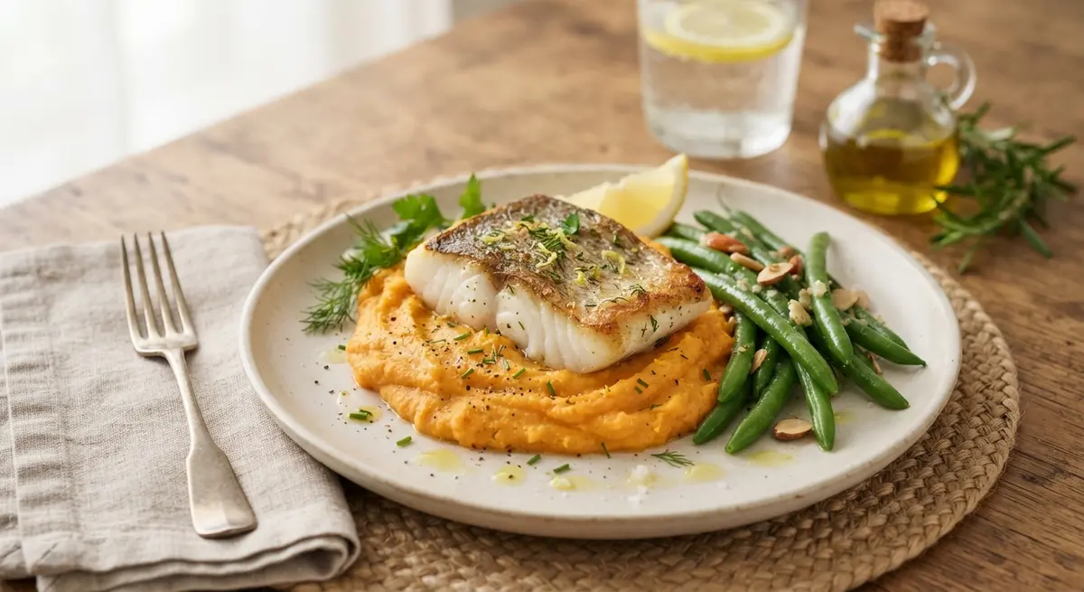 Cod Fillet with Sweet Potato Mash (75g portion) & Very Well-Cooked Green Beans (Validated low-FODMAP meal)