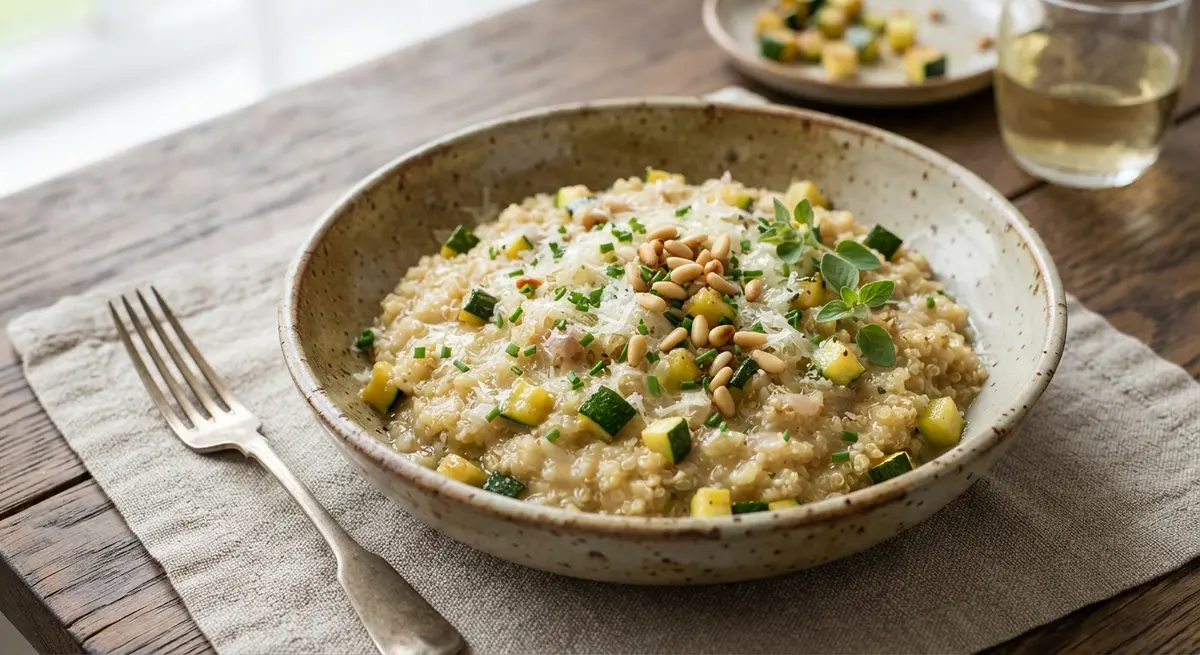 Creamy Quinoa Risotto with Chicken Broth & Soft Zucchini (Complete plant proteins)