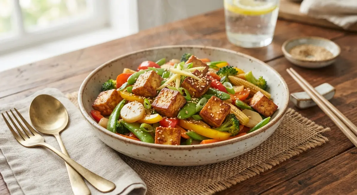 Crispy Baked Tofu & Crunchy Ginger Vegetable Stir-Fry (Low in saturated fats)