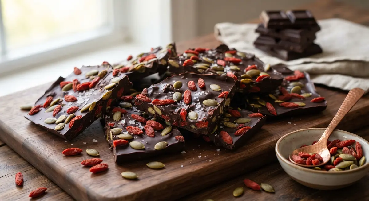 Dark Chocolate Bark with Goji Berries, Pumpkin Seeds, and Sea Salt