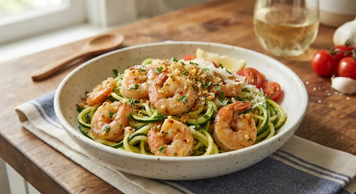 Garlic Shrimp with Crushed Tomatoes & Zucchini Spaghetti (Zero sugar spikes)