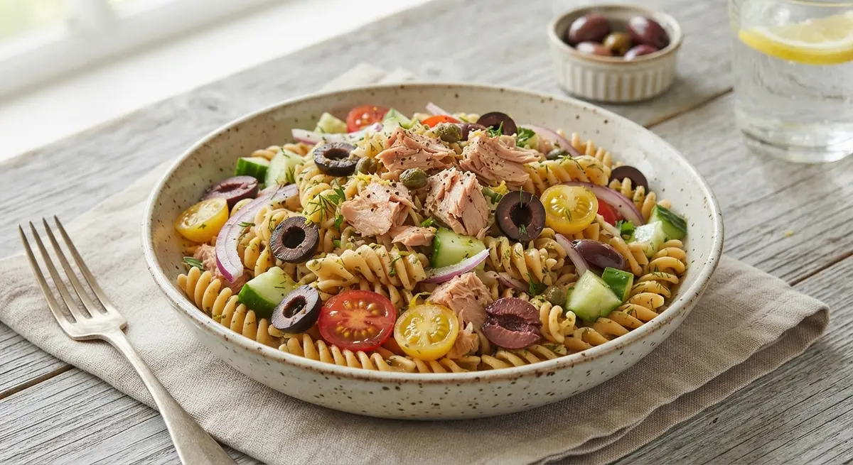 Gluten-Free Pasta Salad (Rice/Corn), Tuna, Black Olives & Olive Oil (Modern wheat-free alternative)