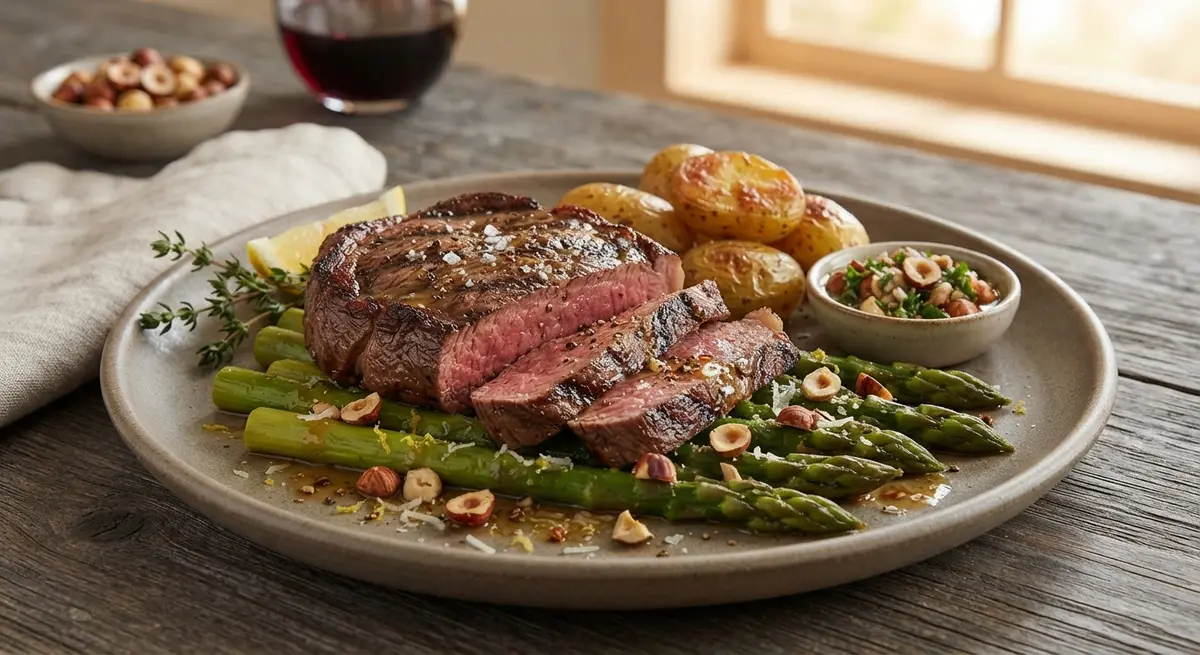 Grass-Fed Beef Steak with Steamed Green Asparagus & Hazelnut Oil (Iron, zinc, healthy lipids)