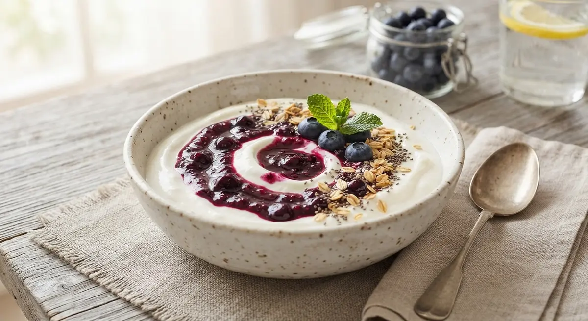 Strained Greek Yogurt with Cooked Blueberry Coulis (Antioxidants and calcium)