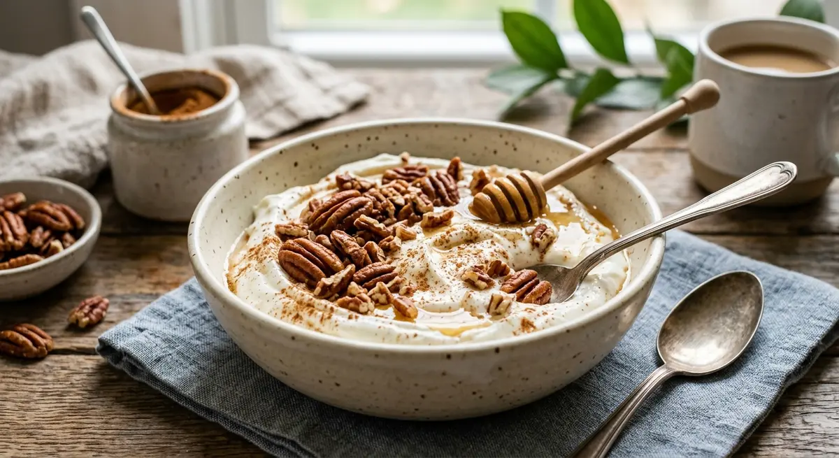 Plain Greek Yogurt with Pecans & Powdered Cinnamon (Cinnamon assists blood sugar regulation)