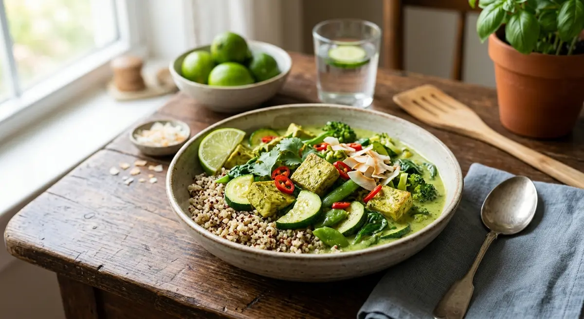 Green Tofu & Zucchini Coconut Curry Served with a Small Bowl of Quinoa (Ideal pairing)