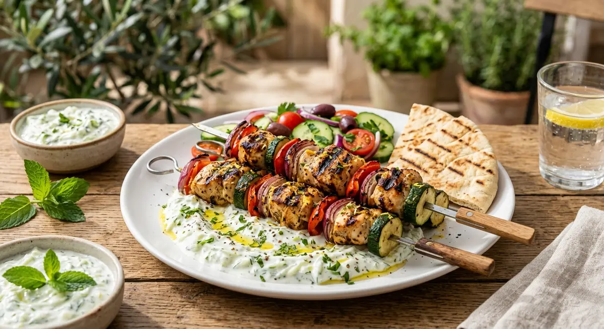 Grilled Chicken Skewers with Homemade Cucumber-Mint Tzatziki (Probiotics and protein)