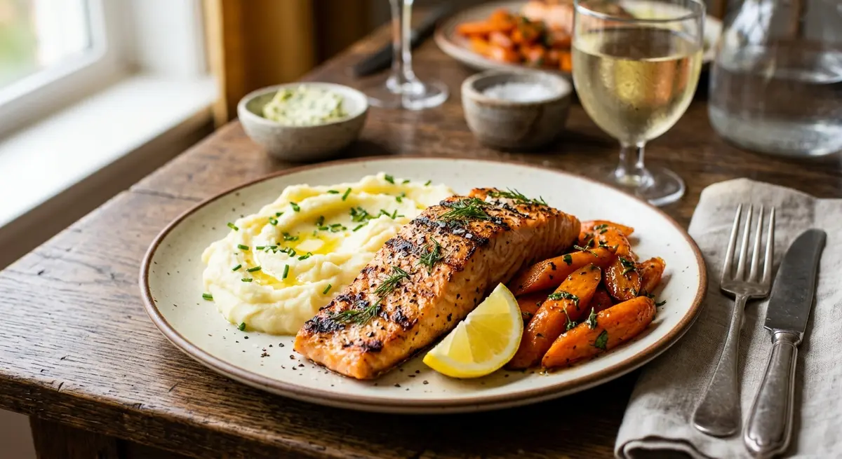 Grilled Salmon Fillet, Buttered Potato Mash & Glazed Carrots (100% low FODMAP)