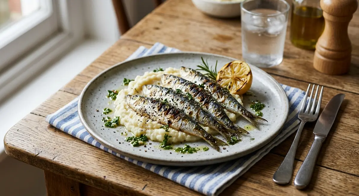 Grilled Sardines with Fresh Herbs & Olive Oil Cauliflower Mash (Omega-3s and low glycemic index)