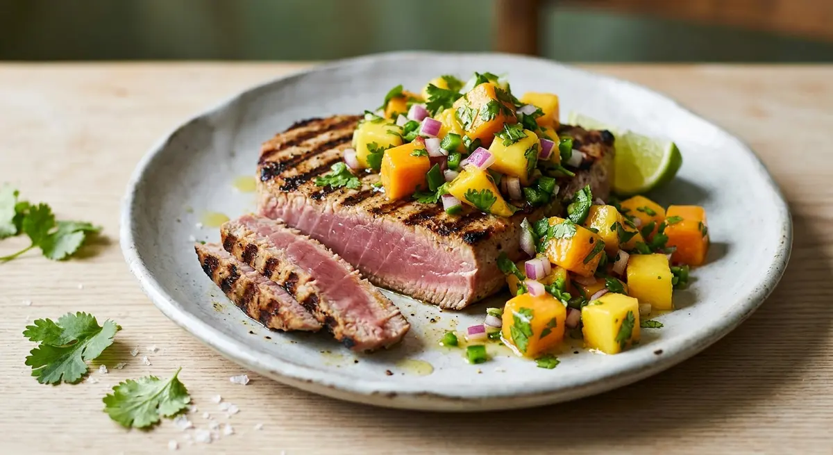 Grilled Tuna Steak with Fresh Mango-Cilantro Salsa (Healthy fats and freshness)