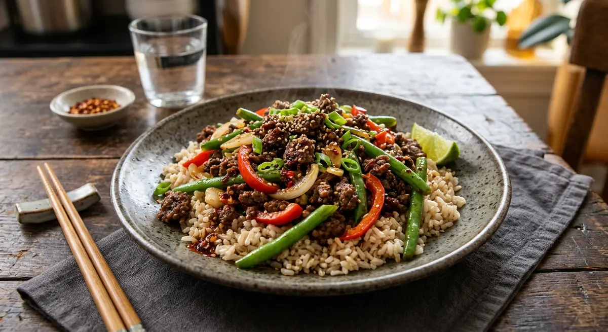 Ground Beef Steak with Green Bean & Fresh Tomato Stir-Fry (Pure protein and greens)
