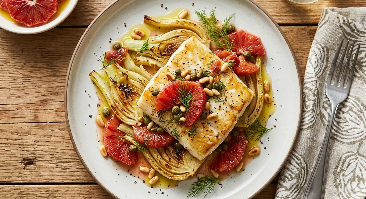 Pan-Seared Halibut with Fennel, Capers, and Blood Orange Salsa