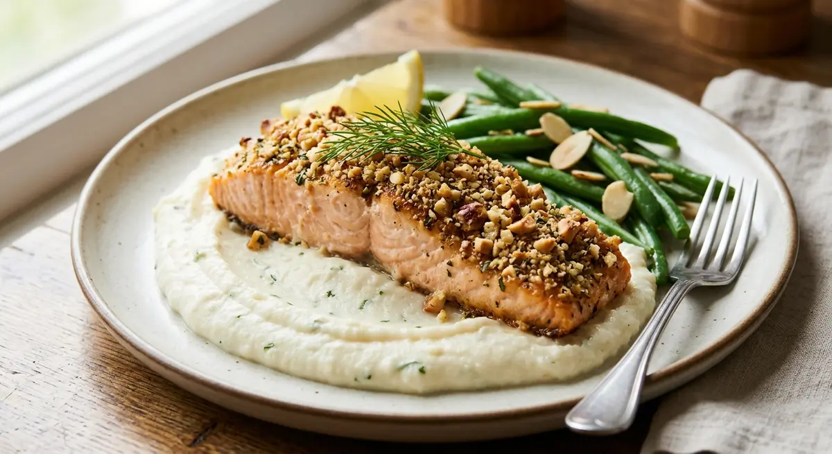 Herb-Crusted Hazelnut Salmon with Celeriac Mash (Omega-3s and potassium)