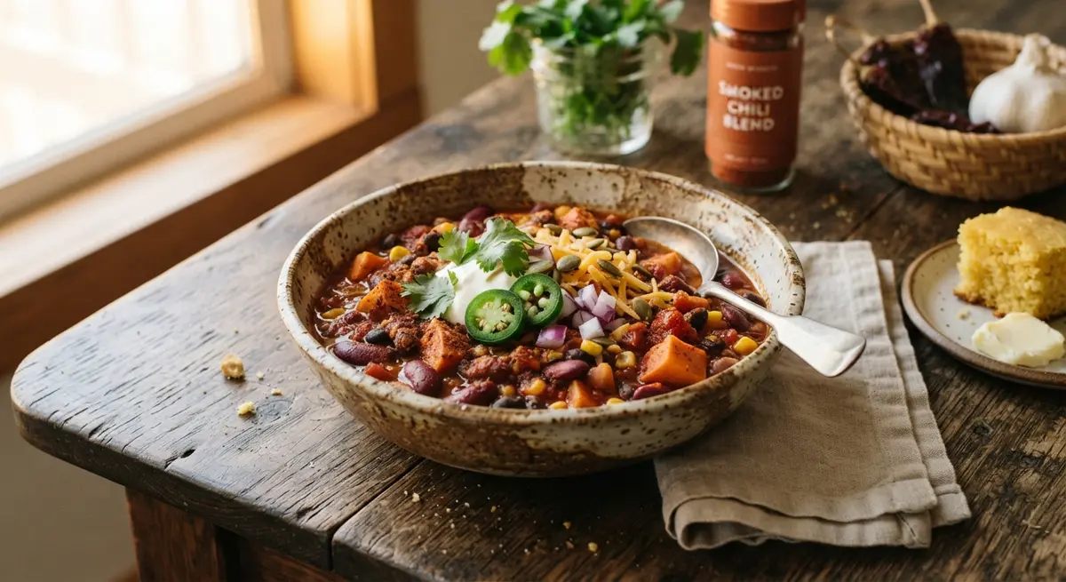 Vegetarian Red Kidney Bean & Sweet Potato Chili with Smoked Spices (Cholesterol-lowering fiber)