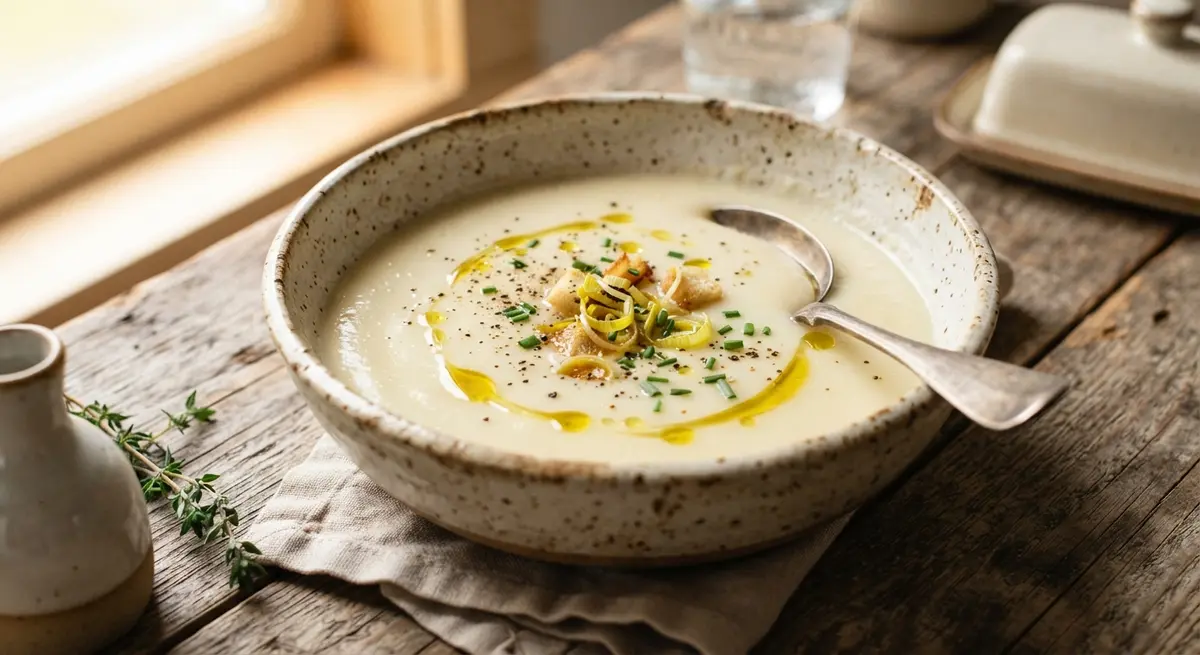 Leek & Potato Velouté with Extra-Virgin Olive Oil (Olive oil polyphenols)