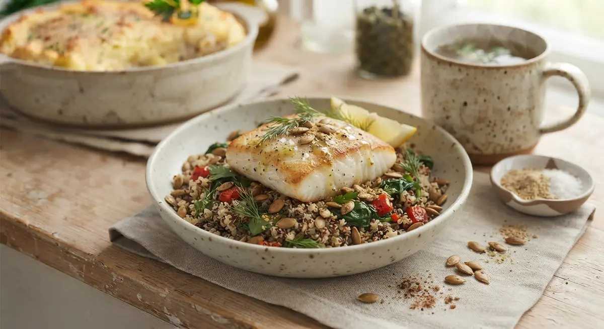 Pan-Seared Halibut with Pumpkin Seeds, Swiss Chard & Quinoa (A Magnesium-Rich Dinner)