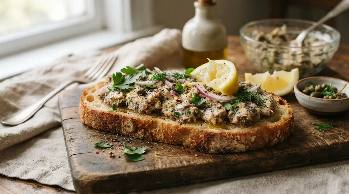 Mashed Sardines on Whole-Grain Sourdough Bread with a Lemon Wedge (Calcium from soft bones and omega-3s)