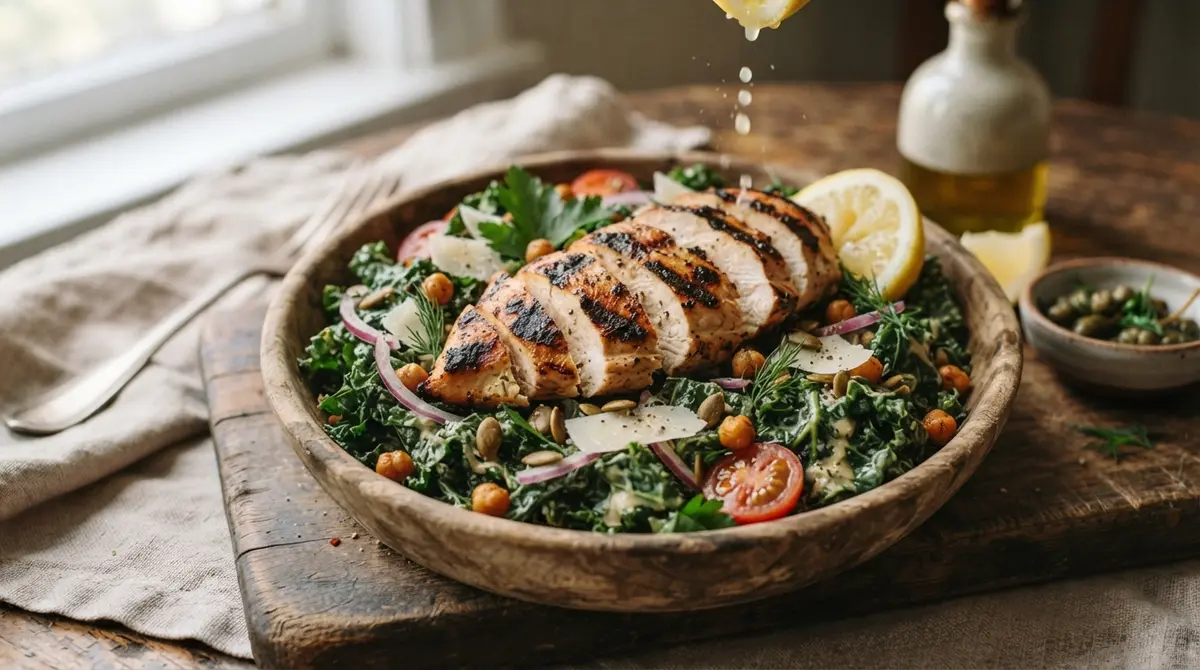 Kale Massaged with Olive Oil, Avocado, Sunflower Seeds & Grilled Chicken (Antioxidants)