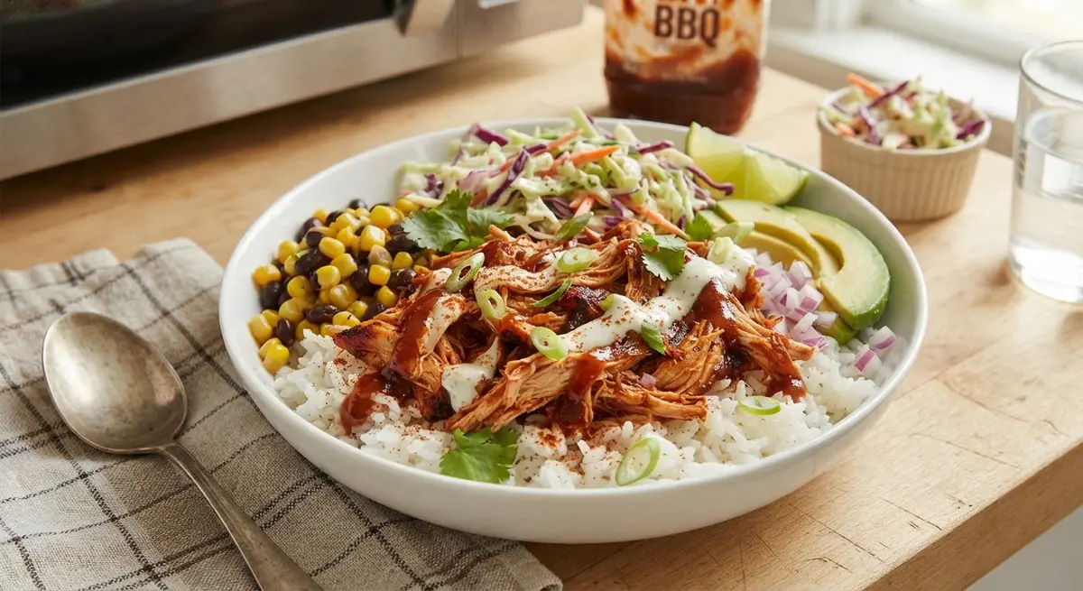 Microwave BBQ Pulled Chicken Rice Bowl