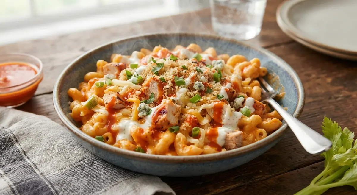 Microwave Buffalo Chicken Mac and Cheese Bowl