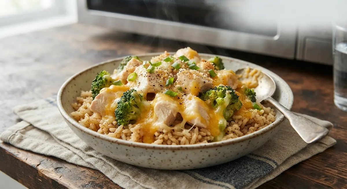 Microwave Cheesy Chicken and Broccoli Rice Bowl