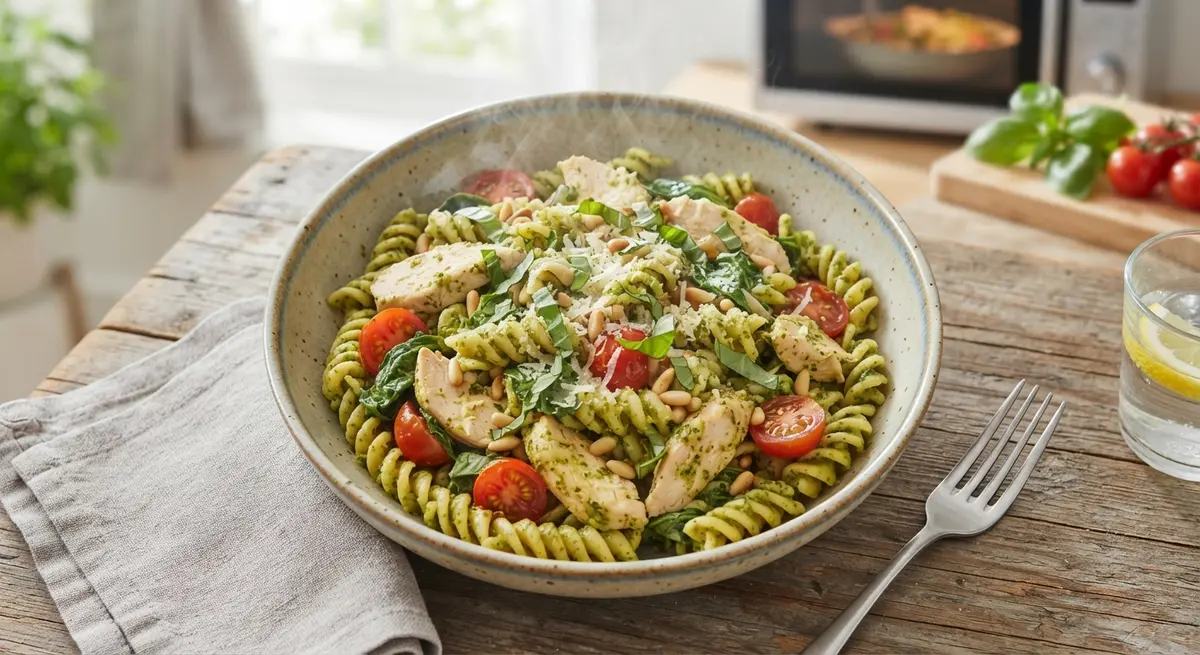Microwave Chicken Pesto Pasta Bowl