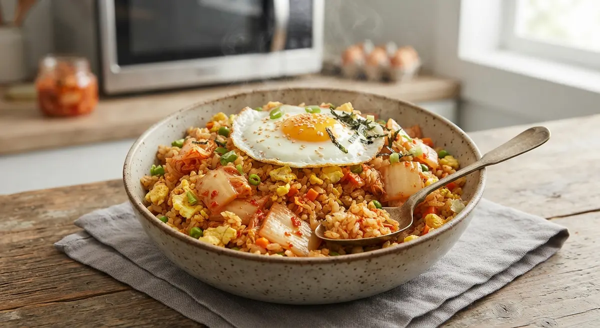 Microwave Egg Fried Rice Bowl with Kimchi