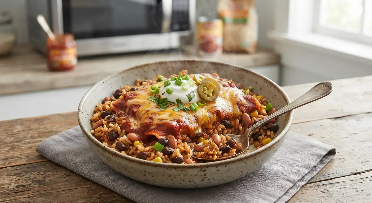 Microwave Enchilada Bean Rice Bowl